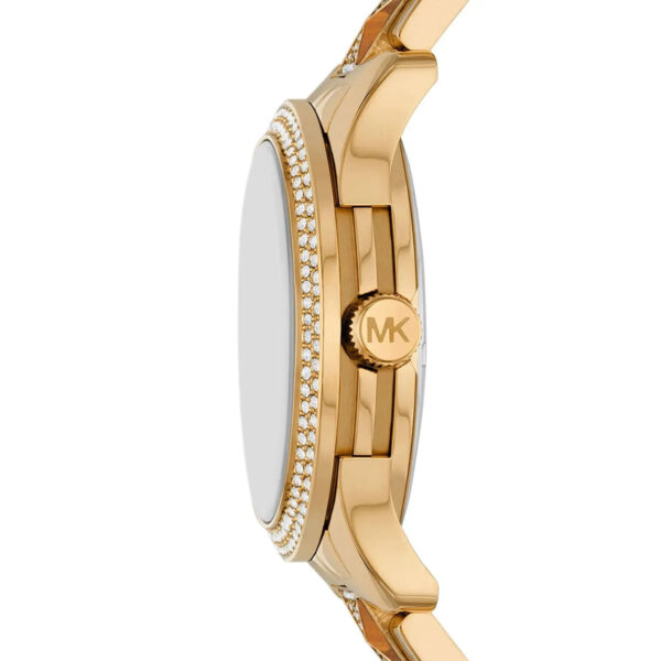 Side profile of Michael Kors Everest MK7389 showing crystal-set bezel edge and gold-tone case