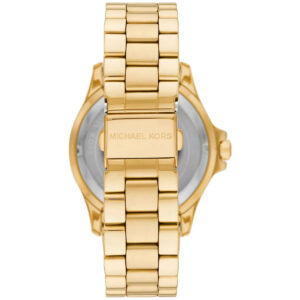 Caseback of Michael Kors Everest women's watch showing gold-tone stainless steel bracelet and Michael Kors branding
