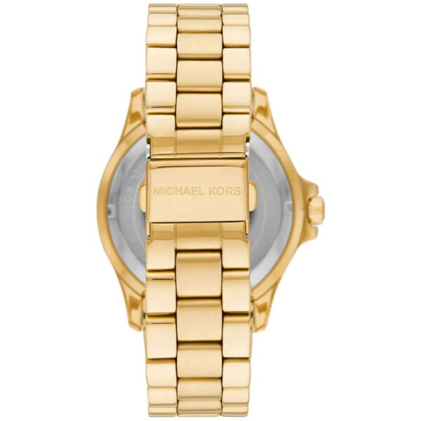 Caseback of Michael Kors Everest women's watch showing gold-tone stainless steel bracelet and Michael Kors branding