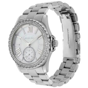 Michael Kors Everest MK7403 angled view showing silver stainless steel bracelet and crystal-set bezel
