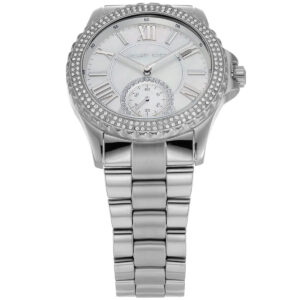 Michael Kors Everest MK7403 front view with white dial, Roman numerals, and crystal bezel