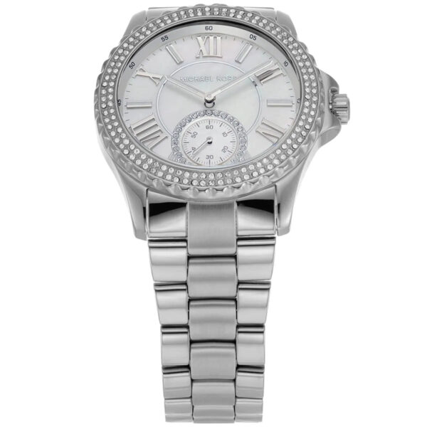 Michael Kors Everest MK7403 front view with white dial, Roman numerals, and crystal bezel