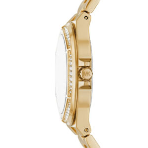 Side profile of Michael Kors Lennox gold-tone watch showing crystal-paved bezel and gold bracelet