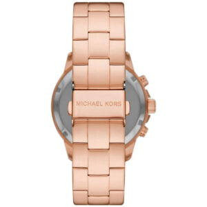 Michael Kors Lexington rose gold watch showing case back and stainless steel bracelet