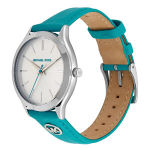 Michael Kors MK7470 watch displayed at angle showing turquoise leather strap with tan suede lining