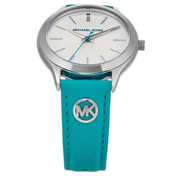 Close-up of Michael Kors MK7470 white dial with silver hour markers and blue hands
