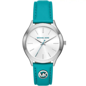 Michael Kors Slim Runway women's watch with white dial, silver case, and turquoise leather strap