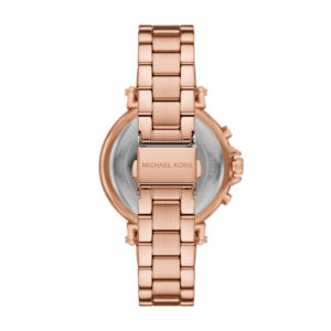 Back view of Michael Kors Maren watch showing caseback with Michael Kors branding and rose gold-tone bracelet