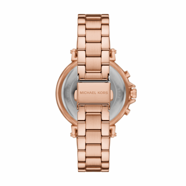 Back view of Michael Kors Maren watch showing caseback with Michael Kors branding and rose gold-tone bracelet