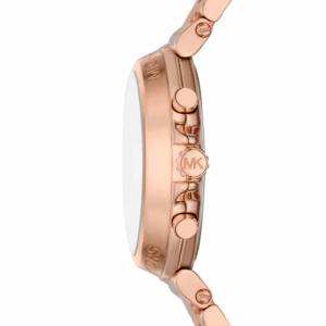 Side view of rose gold-tone Michael Kors Maren chronograph watch showing case depth and MK logo on bracelet