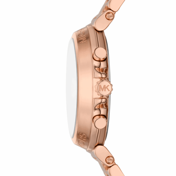 Side view of rose gold-tone Michael Kors Maren chronograph watch showing case depth and MK logo on bracelet