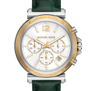 Michael Kors Maren chronograph watch with white dial, gold subdials, and green leather strap