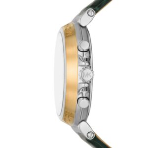 Side view of Michael Kors Maren watch showing gold-tone case band and green leather strap