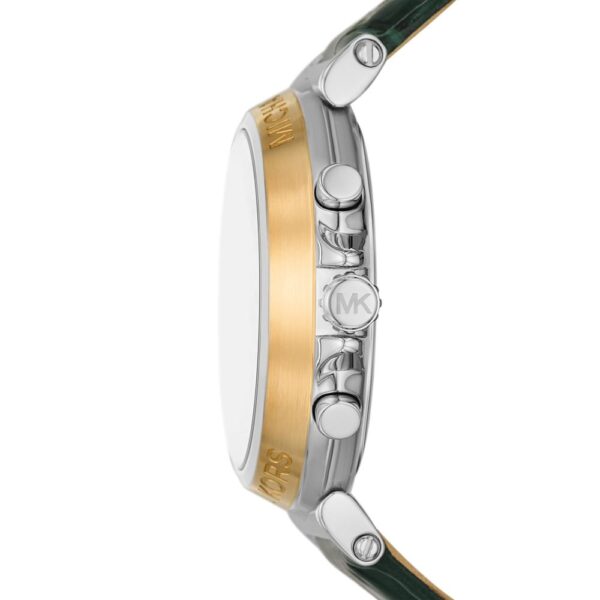Side view of Michael Kors Maren watch showing gold-tone case band and green leather strap