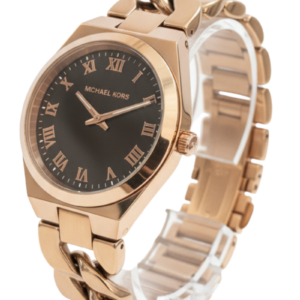 Michael Kors Lennox rose gold-tone watch displayed at angle showing case and bracelet