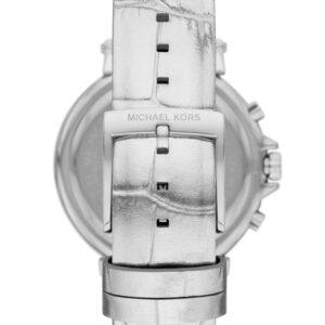 Bottom view of Michael Kors Maren watch showing silver genuine leather strap with MK branding and buckle