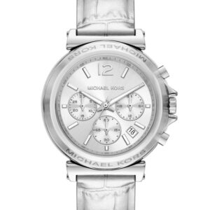 Michael Kors Maren chronograph watch with silver dial, three subdials, and silver leather strap