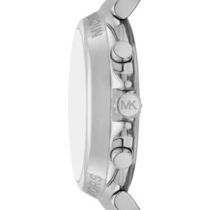 Side view of Michael Kors Maren watch showing case profile and MK logo on silver leather strap