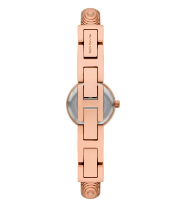Overhead angle view of Michael Kors Mini Gramercy rose gold watch with textured band