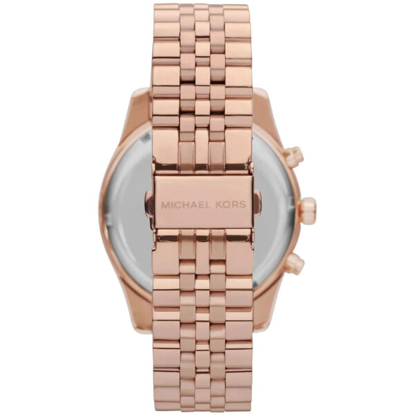 Michael Kors Lexington MK8313 watch caseback showing rose gold stainless steel back and bracelet