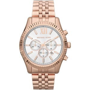 Michael Kors Lexington MK8313 chronograph watch with white dial and rose gold case and bracelet