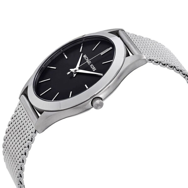 Michael Kors Slim Runway watch angled view showing black dial and silver mesh strap
