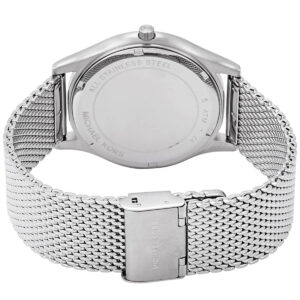 Michael Kors Slim Runway watch caseback showing stainless steel and engraved details