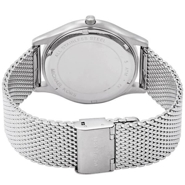 Michael Kors Slim Runway watch caseback showing stainless steel and engraved details