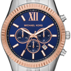Michael Kors Lexington chronograph watch with blue dial, rose gold bezel, and silver-tone bracelet