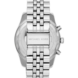 Back view of Michael Kors Lexington watch with silver-tone bracelet and case back