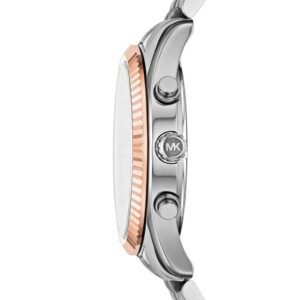 Side profile of Michael Kors Lexington watch showing rose gold bezel and silver-tone case