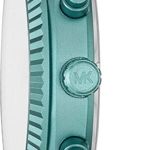Side profile of turquoise aluminum chronograph watch showing pusher buttons and case thickness