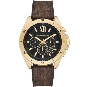Michael Kors Brecken gold-tone chronograph watch with black dial and brown patterned strap