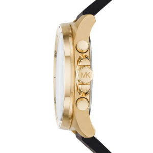 Michael Kors Brecken watch side profile displaying case depth and gold-tone chronograph pushers