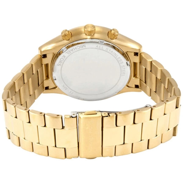 MK8909 Michael Kors watch caseback detail showing gold bracelet and case