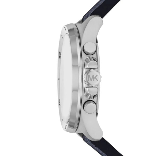 Side profile of Michael Kors Brecken watch showing silver-tone case and chronograph pushers