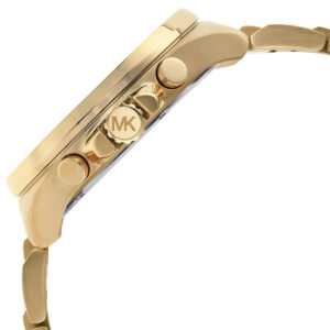 Angled view of Brecken chronograph case with gold-tone pushers and MK logo