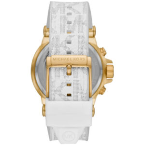 Back view of Michael Kors Dylan watch displaying white patterned strap and gold-tone caseback