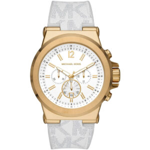 Michael Kors Dylan chronograph watch with white dial, gold-tone case, and white patterned silicone strap