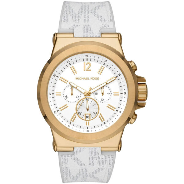 Michael Kors Dylan chronograph watch with white dial, gold-tone case, and white patterned silicone strap