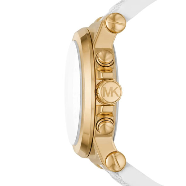 Side view of Michael Kors Dylan watch showing gold-tone case with chronograph pushers and white strap