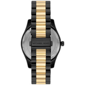 Michael Kors Lexington watch caseback with two-tone black and gold stainless steel bracelet
