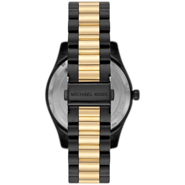 Michael Kors Lexington watch caseback with two-tone black and gold stainless steel bracelet