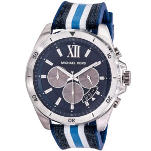 Michael Kors Brecken watch at angle showing silver case and striped strap detail
