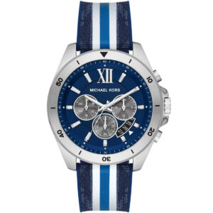 Michael Kors Brecken chronograph men's watch with navy blue dial and blue/white striped strap