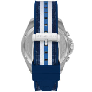 Michael Kors Brecken watch showing blue/white striped PVC rubber strap detail