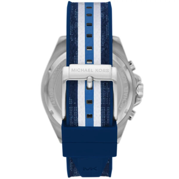 Michael Kors Brecken watch showing blue/white striped PVC rubber strap detail