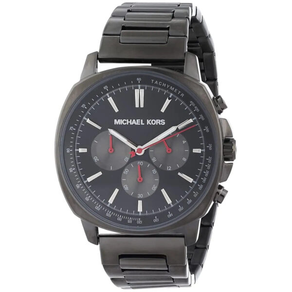 Michael Kors Sullivan watch angled view showing black dial, chronograph subdials and gunmetal bracelet
