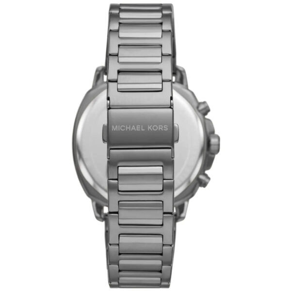 Michael Kors Sullivan watch caseback showing gunmetal stainless steel bracelet and engraved case