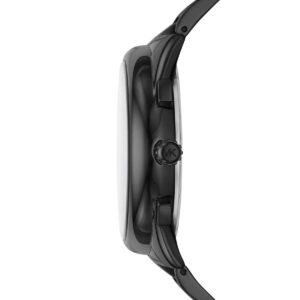 Michael Kors Janelle MK8993 side profile of black watch case and stainless steel strap